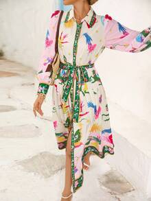 Vivid Eden 女式休闲度假全印花前扣长裙 - 彩色 - 查看 4