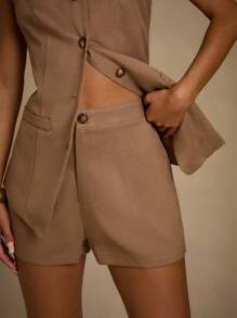 Glamine Conjunto de chaleco y pantalones cortos de unicolor con botones delanteros para mujer - Marrón - Ver 6