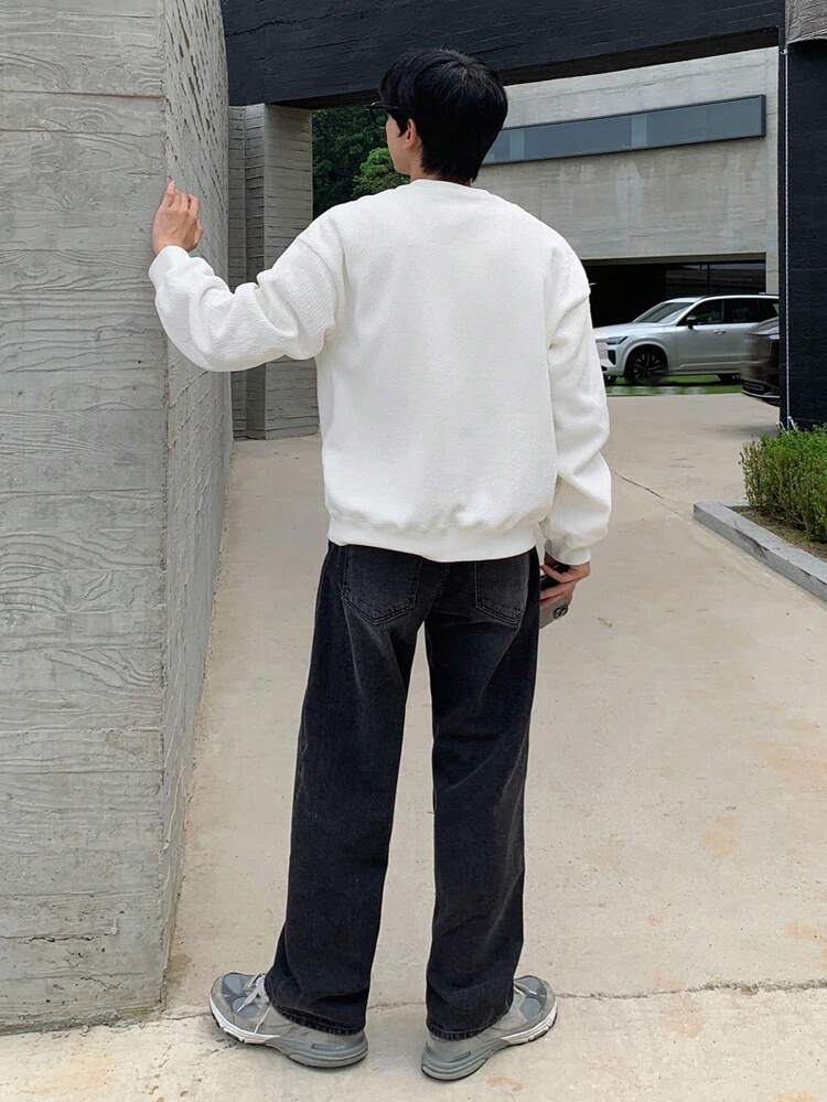 Men's Solid White Textured Fabric Pullover Sweatshirt, Autumn