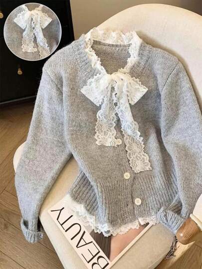 Franclia Fashionable Blogger-Inspired Lace-Up Sheer Loose Knit Cardigan, Chic European Style