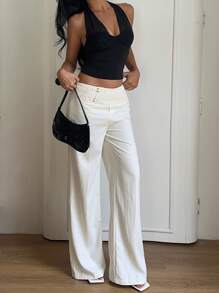 SHEIN EZwear Quần ống rộng dài thường ngày màu trắng có chi tiết khóa cài cỡ lớn cho nữ - trắng - Xem 7