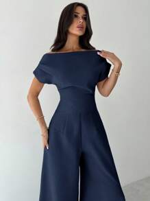 Firerie 夏季新款女士优雅休闲通勤白色落肩上衣和阔腿裤套装 - 藏蓝色 - 查看 4