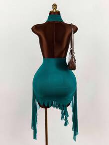 Amplova Fitted Sleeveless Mesh Mini Dress In Green With Ruched Design And Halter Neckline,Party Dress - Green - View 2