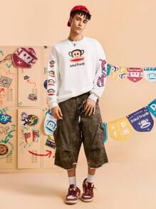 Paul Frank X SHEIN 男士休闲日常街头服饰卡通字母图案落肩宽松套头衫，春秋季 - 白色 - 查看 5