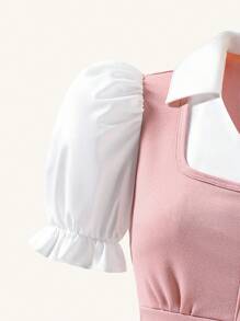 SHEIN Teen Girl's Stylish Pink Puff Sleeve Contrast Splice Shirt, Suitable For Various Occasions Such As Campus Activities, Casual Outings, Dates, Gatherings, Vacations, Etc. And Elegant, Suitable For Weddings And Wedding Guests