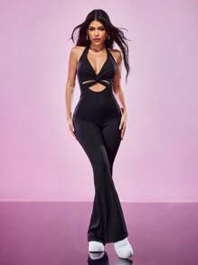 SHEIN Sports Women's Casual Sports Halter Backless Flare Leg Jumpsuit - Black - View 4