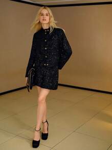 MOTF PREMIUM TWEED SEQUIN BUTTON DETAIL A-LINE SKIRT FOR AUTUMN & WINTER - Black - View 5
