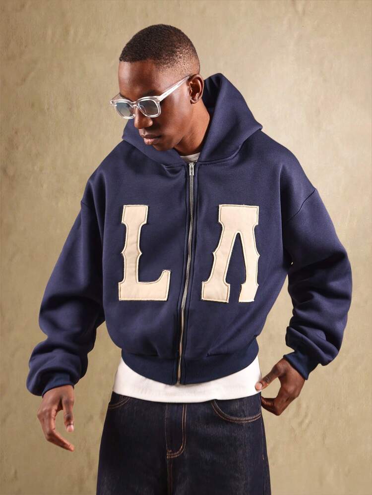 Felpa con cappuccio e zip con lettere LA e applicazione ricamata Varsity