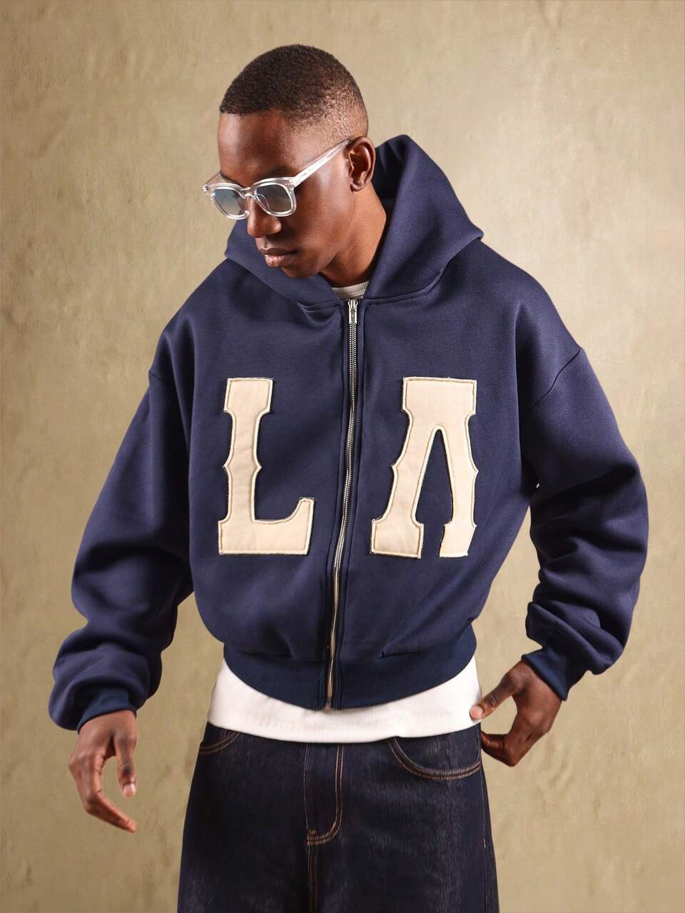 LA Letters Zip Up Hoodie With Varsity Embroidered Applique