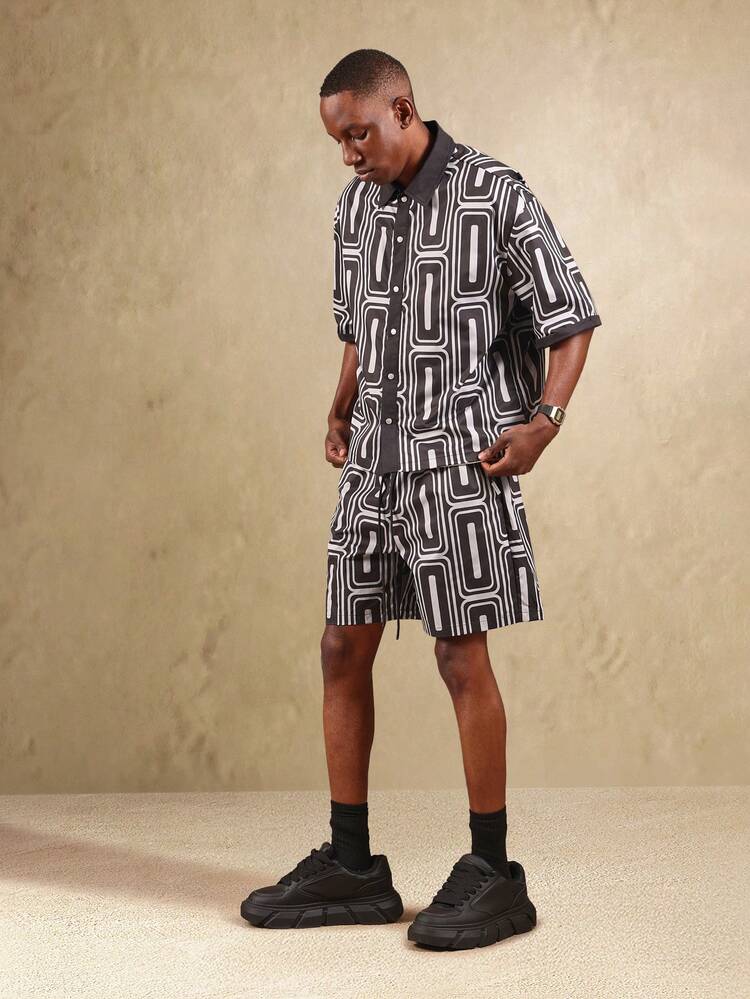 Geometric Pattern Button Down Shirt With Matching Shorts