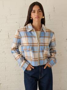 Nöista Veste courte bleue, marron et beige avec un placket à fermeture éclair en métal et un design de revers, convenant pour le printemps et l'automne.