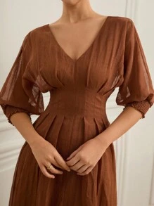 Aveloria Rosie 时尚优雅简约 V 领褶腰 3/4 袖亚麻中长连衣裙，适合通勤