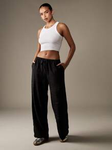 MISSGUIDED 宽腿亚麻质感长裤，松紧腰抽绳阔腿裤，轻盈休闲宽松夏季海滩度假装，高腰飘逸裤