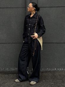 DAZY 女士休闲通勤牛仔夹克和裤子套装秋冬 - 藍色 - 查看 1