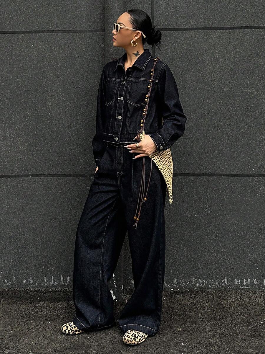 DAZY 女士休闲通勤牛仔夹克和裤子套装秋冬 - 藍色 - 查看 1