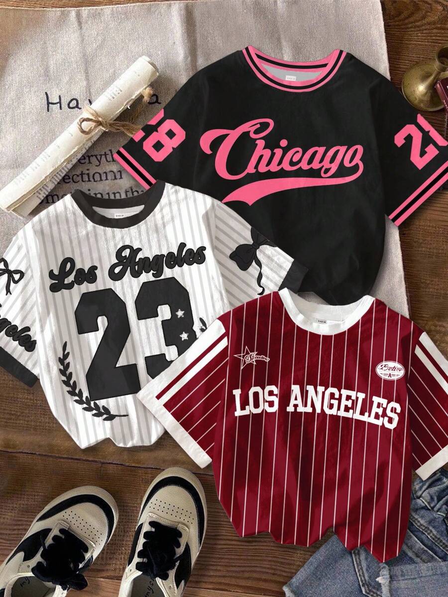 3件装少女基础款圆领短袖T恤，休闲简约，适合春夏穿着，也可作棒球衫，适合夏季、学校、校园、大学穿着。 - 彩色 - 查看 1