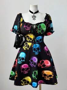 Sunspun Plus Size Women Rave Halloween Skull Graphic Short Sleeve Mini Dress - Multicolor - View 1