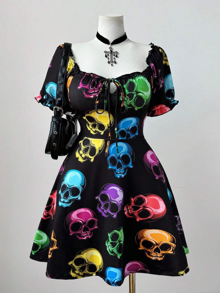 Sunspun Plus Size Women Rave Halloween Skull Graphic Short Sleeve Mini Dress - Multicolor - View 1