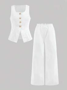 SHEIN Tween Girl Spring Summer Casual Street Fashion Plain V-Neck Sleeveless Vest Top And Baggy Straight-Leg Pants Denim Two Pieces Set,Summer Beach Boho Vacation Shorts, Summer Concert Festival Casual Rave Outfits, Girls Summer Brunch Graduation Outfits,Tween Girls Sleeveless Denim Camisole And Long Pants Set With Scoop Neck, Tween White Jumpsuit, Teen Pant Suit - White - View 10