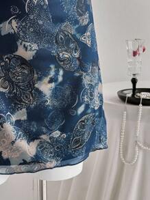 Elamini 女式复古印花 V 领系带荷叶边下摆迷你连衣裙，春夏 - 藏蓝色 - 查看 5