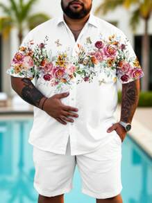 Manfinity RSRT Fashionable Casual Mature Floral Digital Print Pattern Slim Fit Short Sleeve Shirt For Plus Size Men, Suitable For Summer Outdoor, Beach, City Vacation, Dating, Party, Couple Matching, Great Gift For Boyfriend - White - View 1