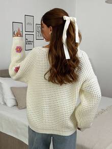 EURMUSE Women's Casual Drooped Shoulder Loose Hand Embroidered Floral Knit Cardigan - Beige - View 2