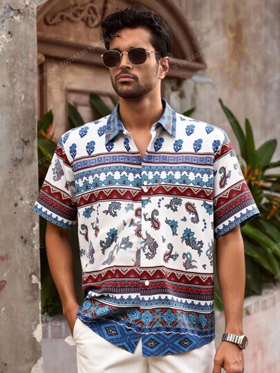 Manfinity NXTstreet 2pcs/Set Men Retro Print Casual Vacation Button-Up Shirt Suit, Summer,Men's Unique Print Cuban Collar Shirt & Shorts Set - Relaxed Fit, Breathable, Must-Have Two-Piece For Beach & Vacation! 2pcs/Set Men's Summer Casual Commuter Outdoor Party Textured Cuban Collar Short Sleeve Shirt Set, Men's Shirt Set, Men's Short Sleeve Shirt And Shorts Set, Printed Shirt Set Men, Camp Collar Shirt Set Men, Summer Casual Set Men, Beach Resort Set Men, Relaxed Fit Shirt Set Men, Men's Casual Set, Set, 4th Of July Outfits, Back To School, Workout Set, Outfit Sets, Going Out Outfits,Beach Men Clothes,Men Clothing,Summer Men Outfit,Men Clothing,Graphic Shirts,Men Shirts