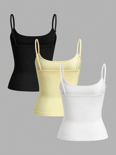 SHEIN EZwear 3pcs/Set Women's Black, White, Cream Sleeveless Cropped Tight Fit Camisole Tank Tops, Suitable For Summer
