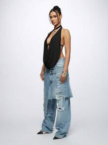 SUMWON WOMEN 优雅垂坠式露背围脖前部派对俱乐部上衣现代晚间节日风格 - 黑色 - 查看 4