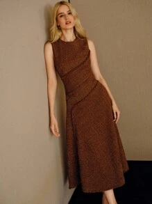 MOTF PREMIUM TWEED SOLID RAW TRIM SLEEVELESS DRESS - Coffee - View 1