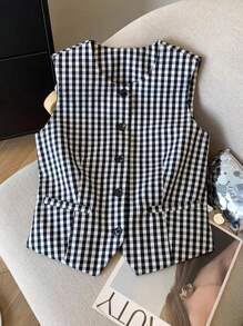 Franclia Chemise décontractée à col rond sans manches à carreaux et à simple boutonnage pour femmes, printemps/été - Noir et Blanc - Voir 1