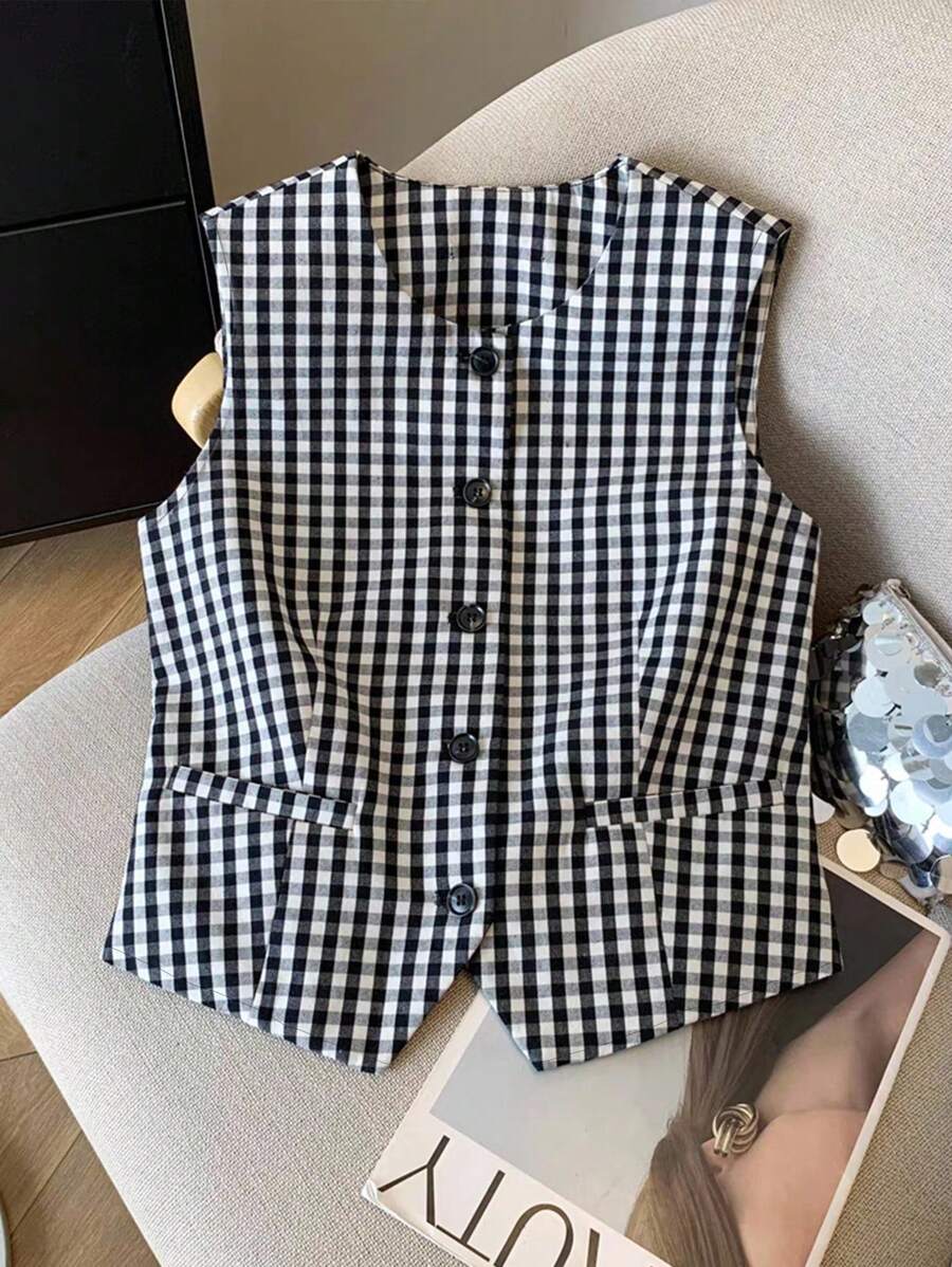 Franclia Chemise décontractée à col rond sans manches à carreaux et à simple boutonnage pour femmes, printemps/été - Noir et Blanc - Voir 1