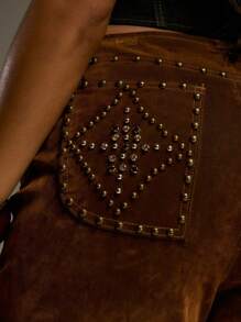 MUSERA 铆钉丝绒喇叭牛仔裤，西部乡村街头风，节日优雅，Y2K性感可爱，90年代波西米亚风，中西部工作办公室冬季时尚春夏装扮 - 棕色 - 查看 6