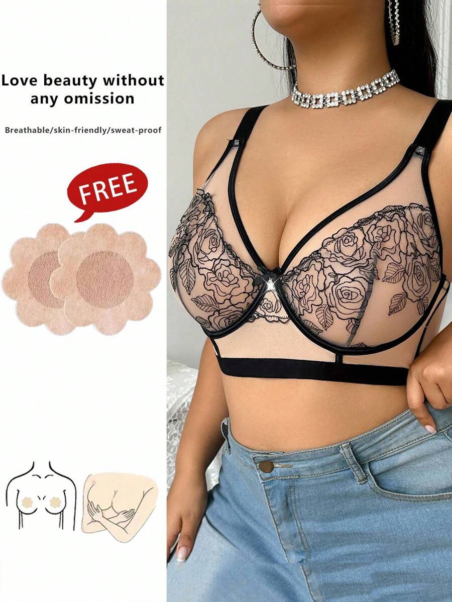 SHEIN 1 Áo ngực có gọng thêu lưới cỡ lớn - Nhiều màu - Xem 1