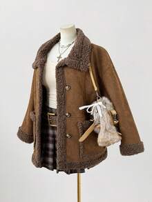 Sweetra Plus Size New Elegant Deer Velvet Thermal Lined Reversible Long Sleeve Short Jacket For Women, Thickened Double-Sided Wear Coat, Winter Fall Autumn