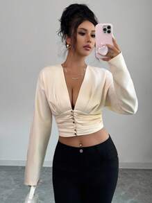 Roylia Chaqueta de mujer con cuello en V, cintura plisada y manga larga con botones, versátil y estilizadora - Albaricoque - Ver 4