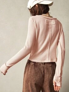 Bohemela Camiseta de mujer de manga larga, cuello redondo, de punto de unicolor, con estampado frontal central, para vacaciones