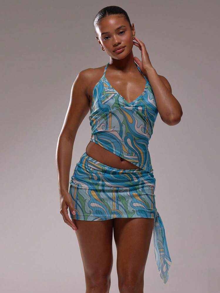 MUSERA 印花网纱系带侧边修身迷你裙（仅下装）夏季度假伊比沙岛优雅可爱海滩节锐舞波西米亚风沙滩装假日晚宴派对狂欢节复活节 - 藍色 - 查看 1