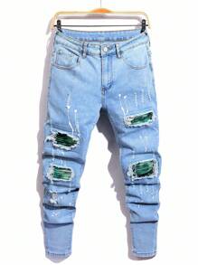 Manfinity Roughcore Men's Slim Fit Ripped Pocket Casual Denim Jeans Men Ripped Jeansstreetwear Jeans - Light Wash - View 1