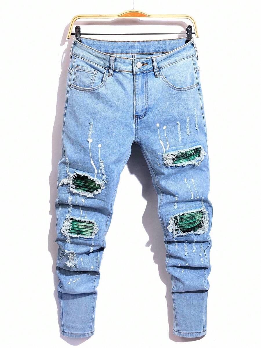 Manfinity Roughcore Men's Slim Fit Ripped Pocket Casual Denim Jeans Men Ripped Jeansstreetwear Jeans - Light Wash - View 1