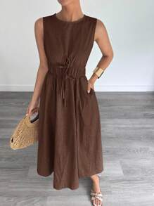 Siren Gaze Váy dài vải lanh dáng chữ A không tay dành cho nữ, Xuân/Hè - màu nâu - Xem 3