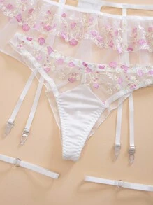 SHEIN 5 件套女士浪漫田园系列透明网眼刺绣钢圈性感花卉内衣套装，卡哇伊内衣生日内衣，外出 - 白色 - 查看 4