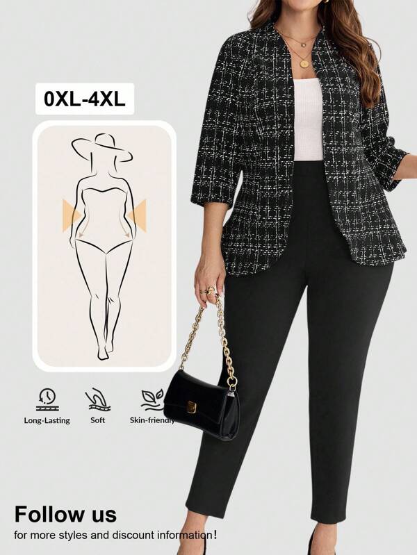 Comfylo Conjunto de traje de 3/4 de manga abierta a cuadros para mujer talla grande