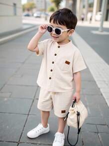 SHEIN Genkimix Kids 2pcs Set Casual Minimalist Striped Collar Short Sleeve Shirt And Shorts, Suitable For Daily Wear, Vacation, College, Summer Getaway, Holiday, Travel, Relax, Sunbathing, Back To School Season