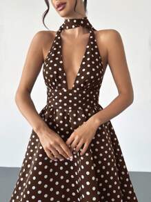 Firerie 女式复古波尔卡圆点 V 领露背喇叭腰中长连衣裙，适合情人节、音乐会、表演、约会、派对、婚礼、性感、优雅、通勤、返校、度假、海滩、浪漫 - 棕色 - 查看 4