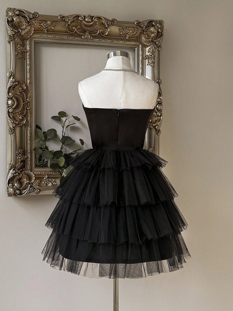 Lovelzi 优雅奢华红色哑光缎面手工水钻缀饰露肩蝴蝶结装饰 A 字褶皱礼服 - 黑色 - 查看 2