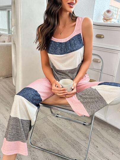 SHEIN 2pcs/Set Summer Multicolor Striped Knit Casual Tank Top And Pants Loungewear Set, Outfits