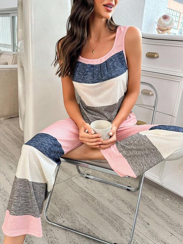 SHEIN 2pcs/Set Summer Multicolor Striped Knit Casual Tank Top And Pants Loungewear Set, Outfits