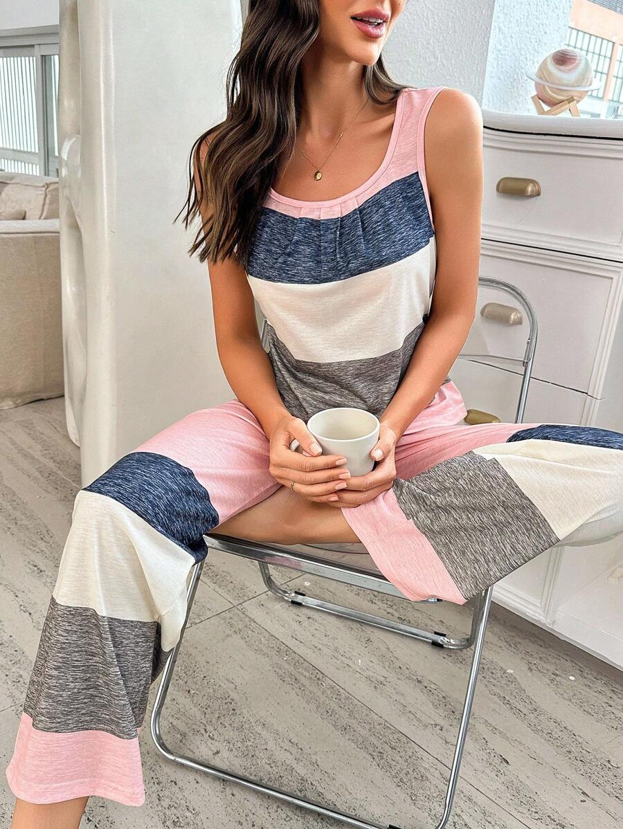 DUSKBASE 2pcs/Set Summer Multicolor Striped Knit Casual Tank Top And Pants Loungewear Set, Outfits - Multicolor - View 1
