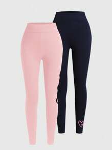 2 piezas/Set de Leggings para niñas, combinación minimalista de negro y rosa con estampado de corazón, mallas de longitud completa cómodas para niñas preadolescentes. La combinación de negro y rosa hace que este conjunto de leggings sea talla grande versátil, permitiendo que las niñas mayores elijan libremente según las diferentes ocasiones o estados de ánimo. El patrón de estampado de corazón agrega un toque de juguetona infantilidad, haciendo que la usuaria exude un encanto adorable. Moda de regreso a la escuela para niñas preadolescentes en otoño e invierno - Multicolor - Ver 3